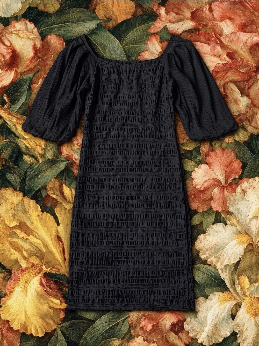 Culture Woman Black Smocked Puff Sleeve Midi Dress SMALL Whimsigoth Romantic